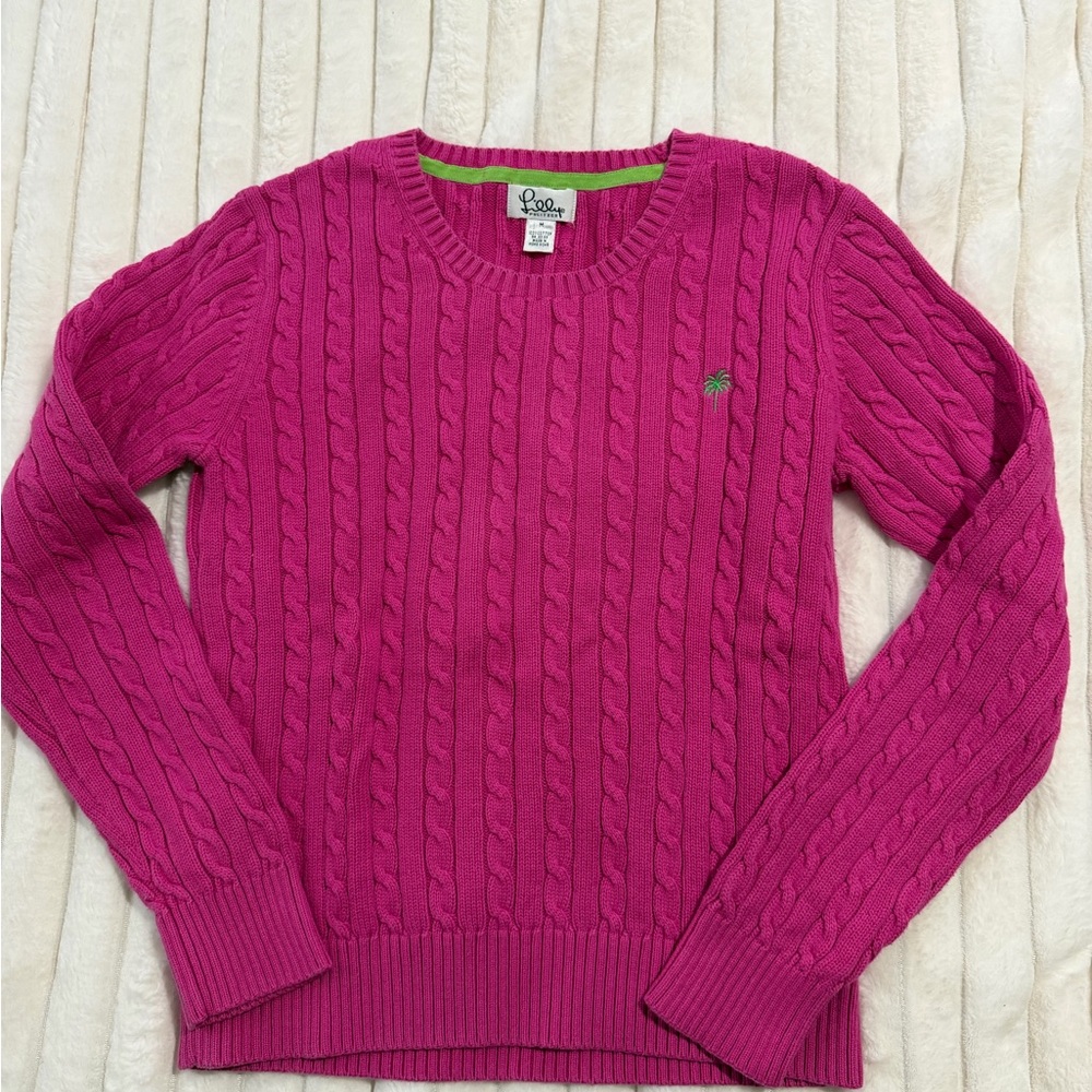 Lilly Pulitzer for Target Fuchsia Cable Knit Crew with Lime Palm Embroidery